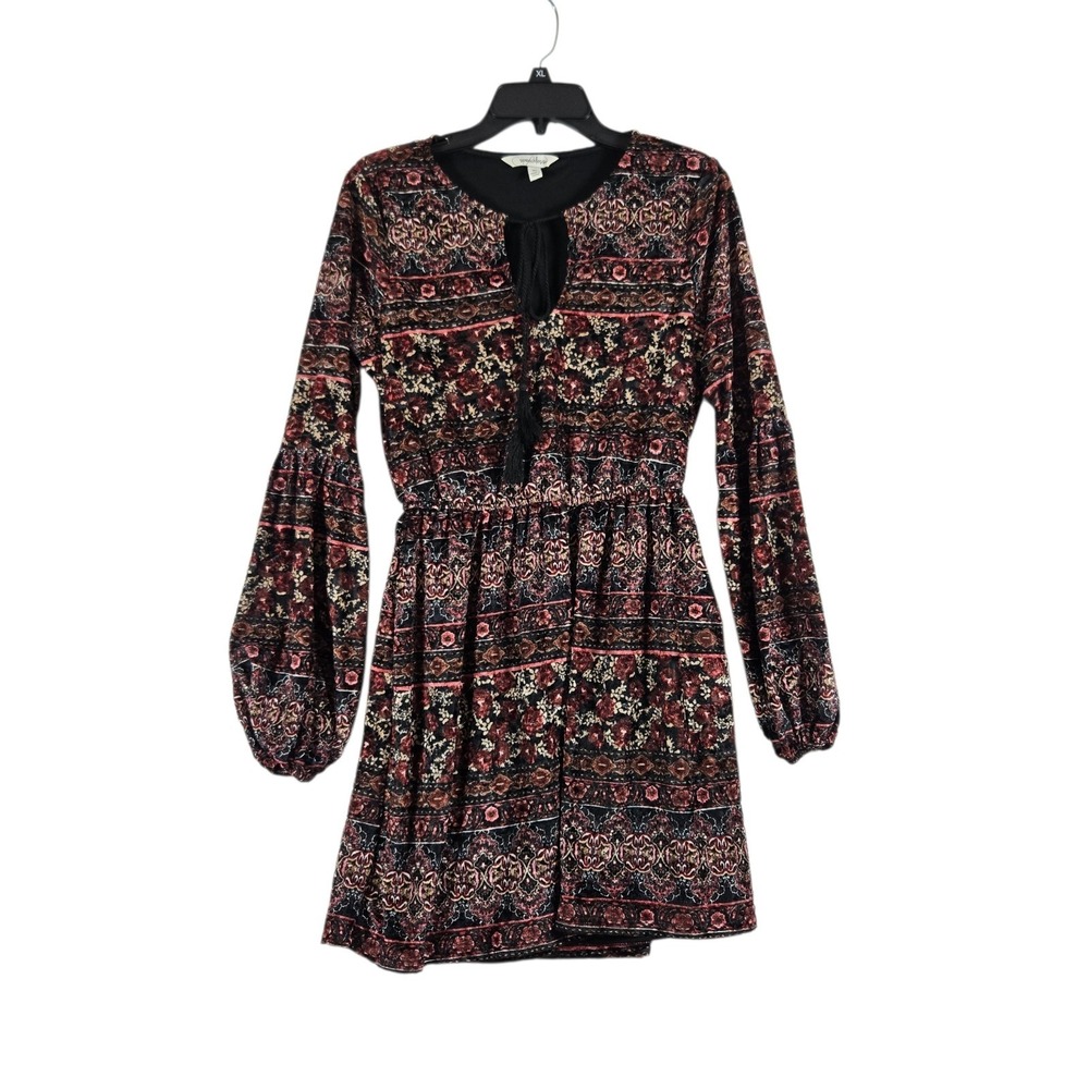 Speechless Velour Dress Womens Medium Black Red Floral Mini Long Sleeve